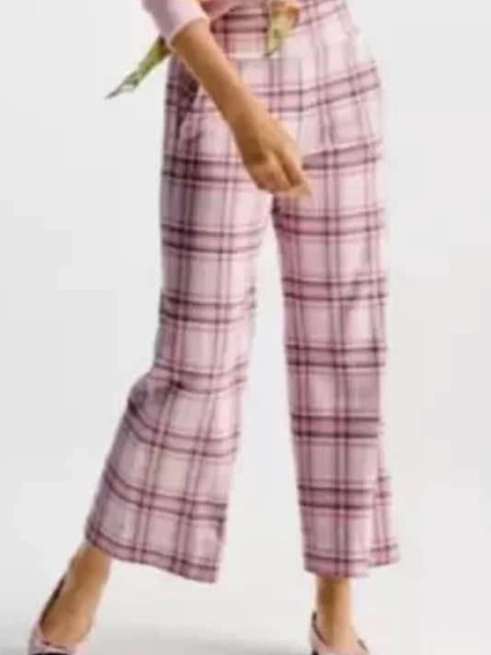 CAbi Wide Leg Plaid Pants Pink Plaid Cheer High Rise Stretch Size L #6269